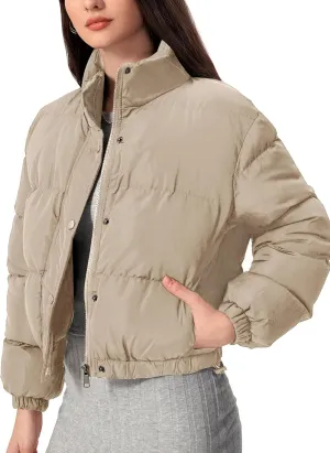 Flygo Womens Lightweight Quilted Jacket Long Sleeve Stand Collar Zipper Cropped Puffer Jacket Warm Winter Coat