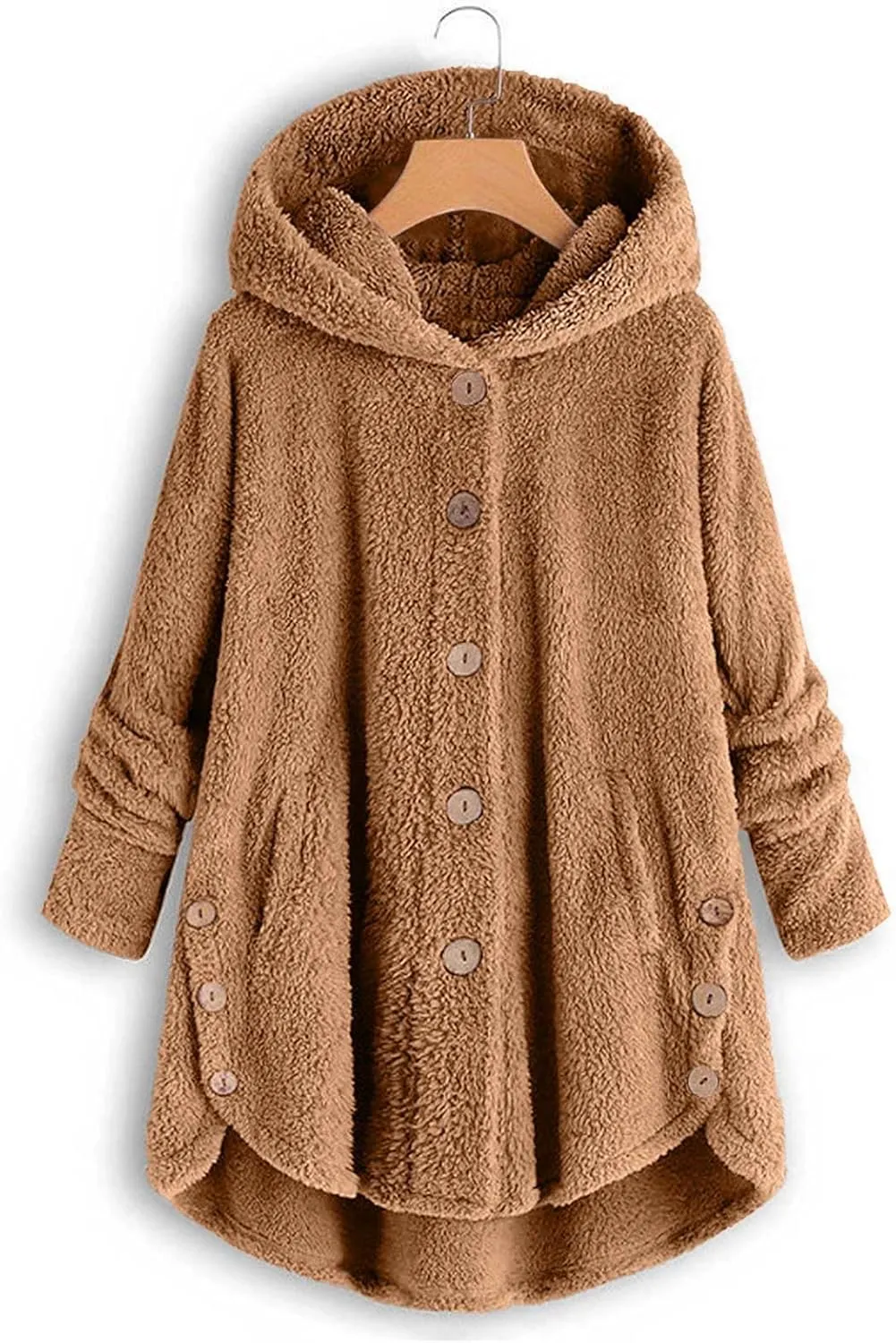 Fuzzy Fleece Hooded Button Down Jacket For Women Oversized Warm Winter Sherpa Cardigan Coat Loungewear