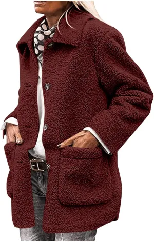 Fuzzy Fleece Jacket for Women Plus Size Button Down Lapel Sherpa Coats with Pocket Fluffy Winter Outerwear Warm Coat