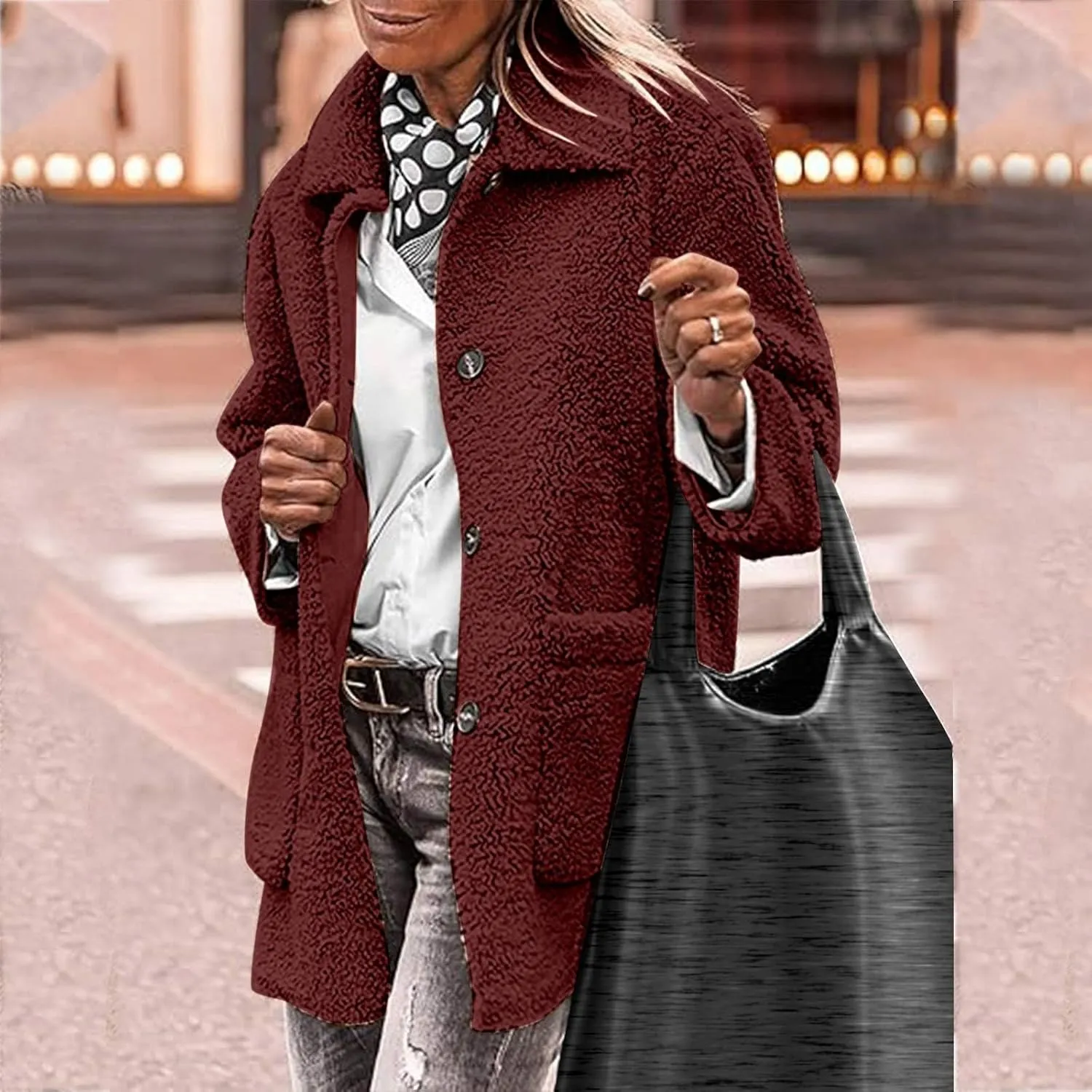 Fuzzy Fleece Jacket for Women Plus Size Button Down Lapel Sherpa Coats with Pocket Fluffy Winter Outerwear Warm Coat