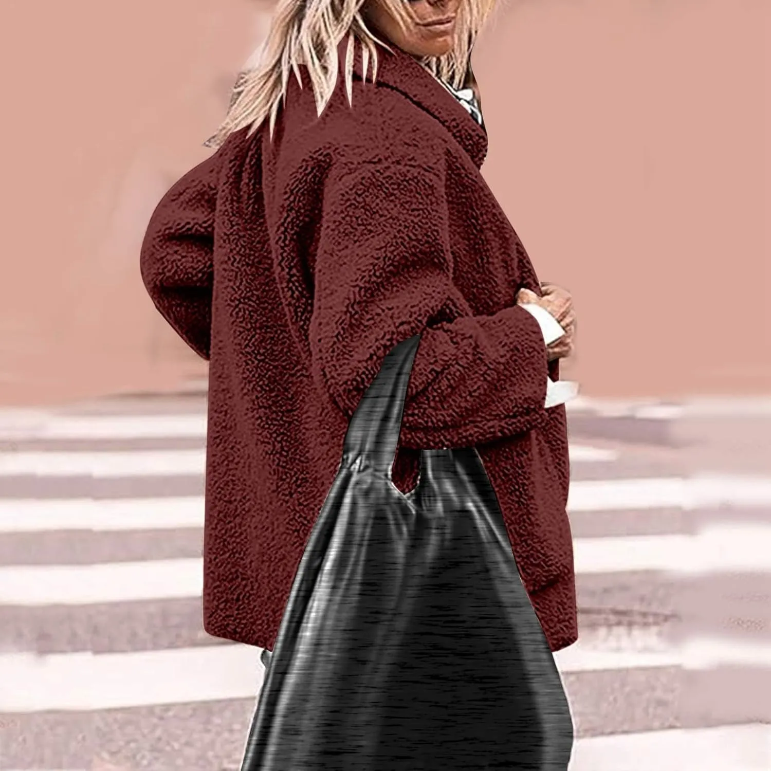 Fuzzy Fleece Jacket for Women Plus Size Button Down Lapel Sherpa Coats with Pocket Fluffy Winter Outerwear Warm Coat