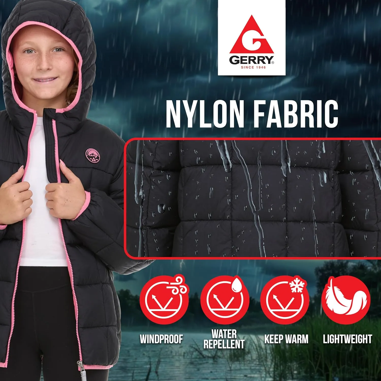 Gerry Packable Puffer Jackets for Girls and Boys, Hooded Girls and Boys Winter Coat