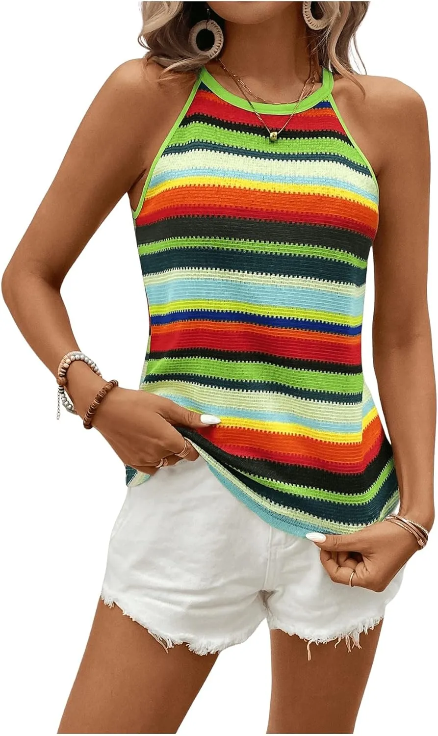 GORGLITTER Women's Colorblock Striped Halter Top Sleeveless Knitted Camisole