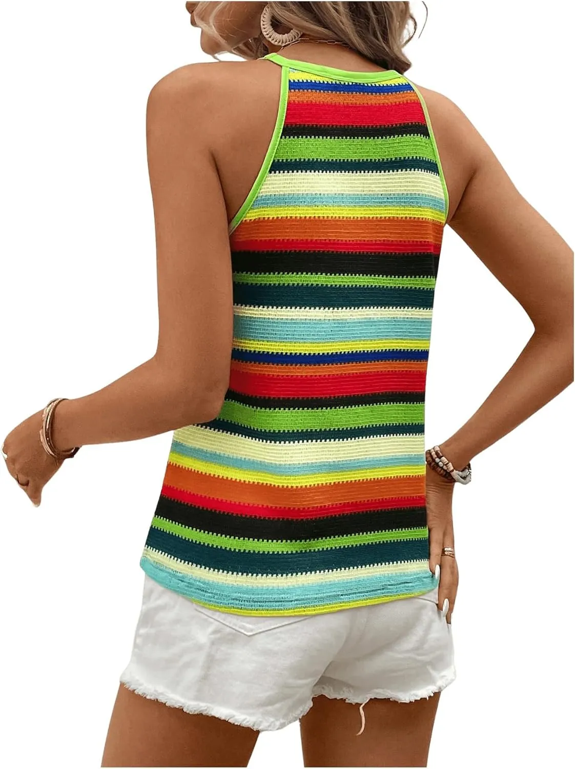 GORGLITTER Women's Colorblock Striped Halter Top Sleeveless Knitted Camisole
