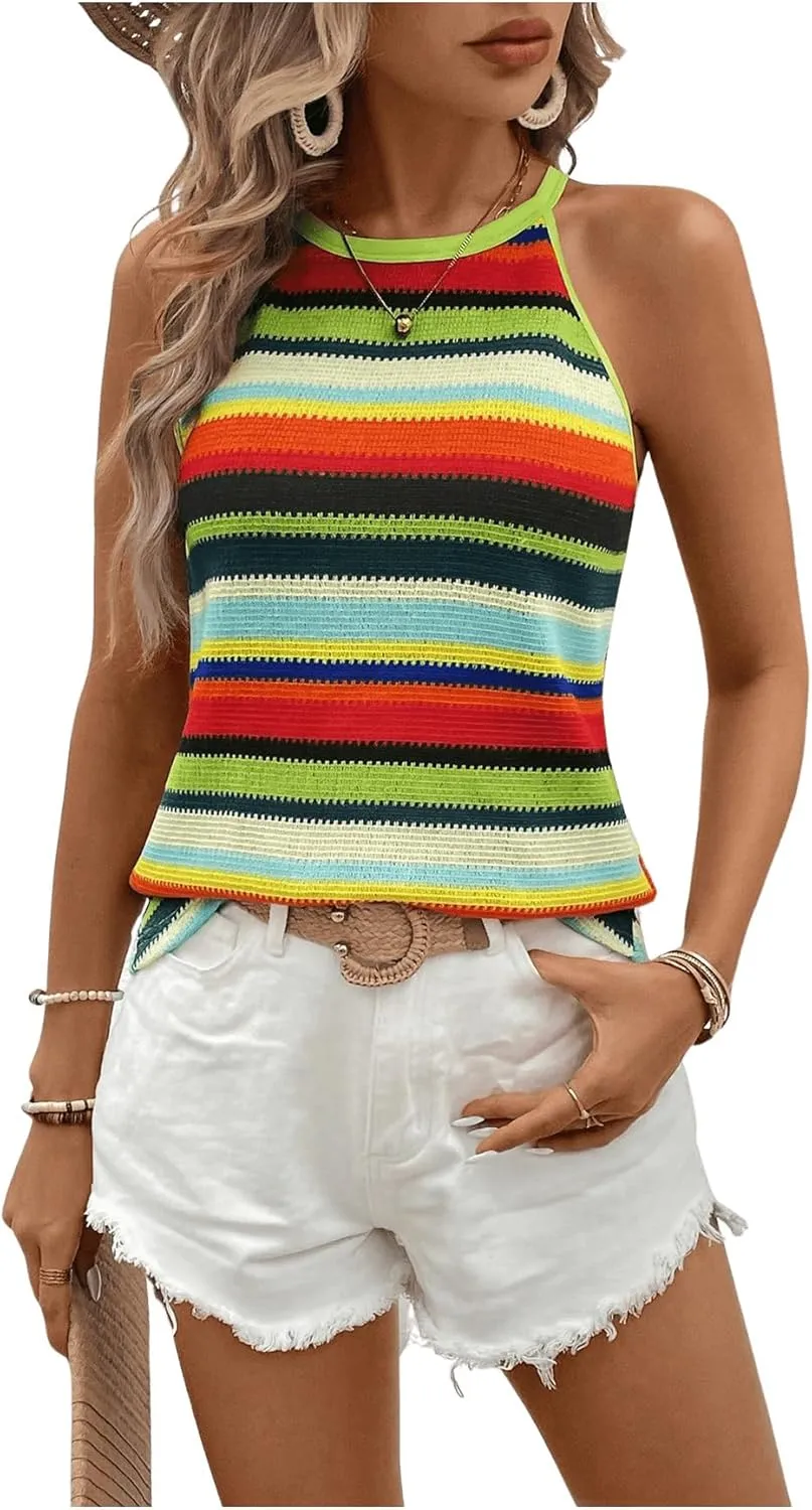 GORGLITTER Women's Colorblock Striped Halter Top Sleeveless Knitted Camisole