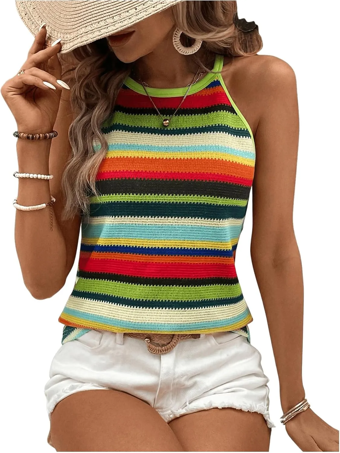 GORGLITTER Women's Colorblock Striped Halter Top Sleeveless Knitted Camisole
