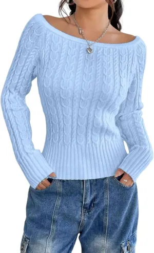 GORGLITTER Women's Off The Shoulder Cable Knit Sweater Long Sleeve Knitted Sweater Pullover Tops