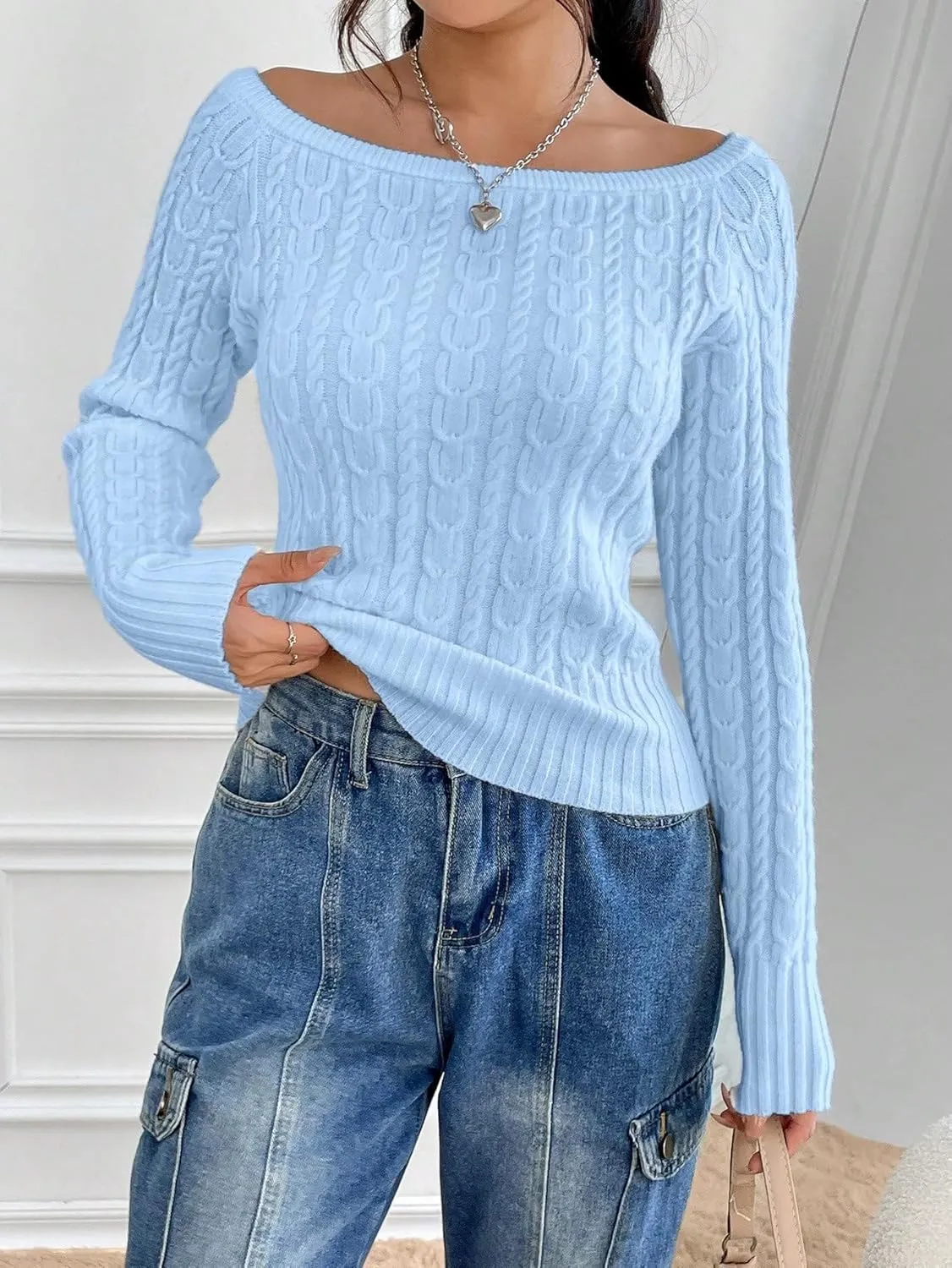 GORGLITTER Women's Off The Shoulder Cable Knit Sweater Long Sleeve Knitted Sweater Pullover Tops