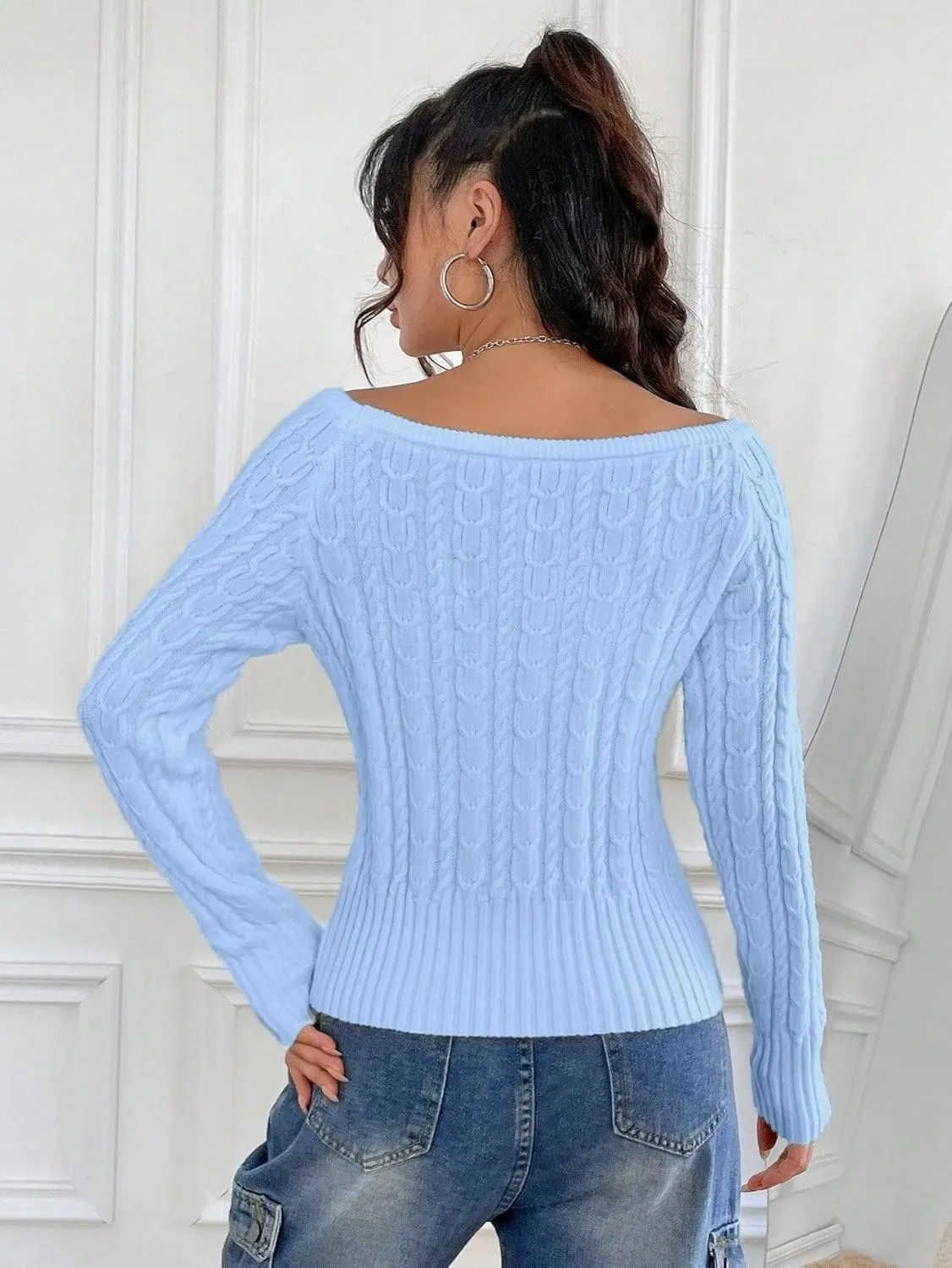 GORGLITTER Women's Off The Shoulder Cable Knit Sweater Long Sleeve Knitted Sweater Pullover Tops