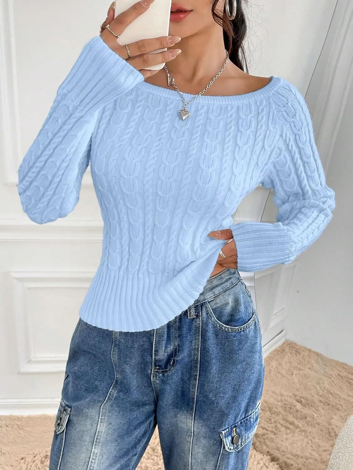GORGLITTER Women's Off The Shoulder Cable Knit Sweater Long Sleeve Knitted Sweater Pullover Tops
