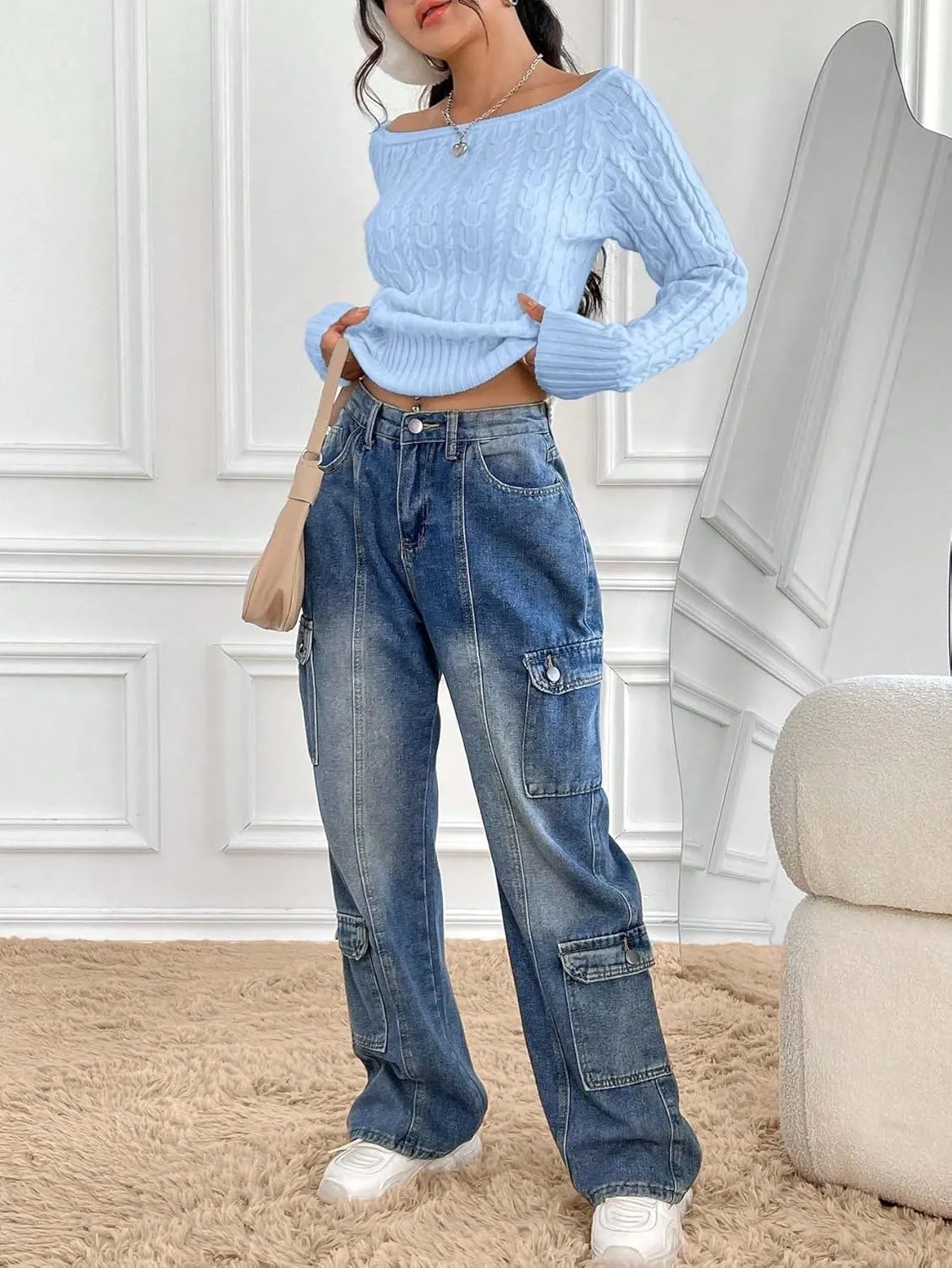GORGLITTER Women's Off The Shoulder Cable Knit Sweater Long Sleeve Knitted Sweater Pullover Tops