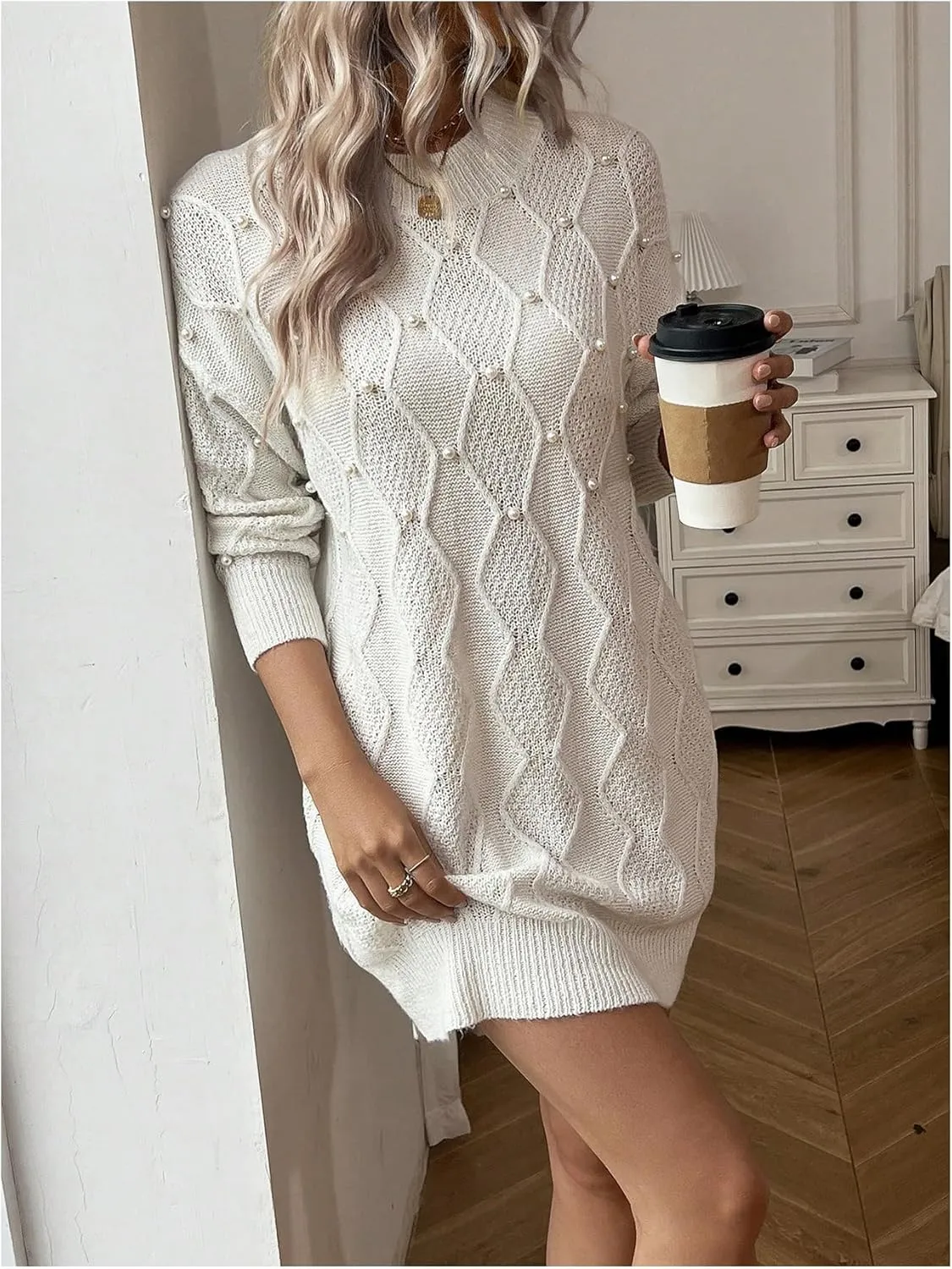 GORGLITTER Women's Pearl Chunky Sweater Dress Cable Knit Long Sleeve Fall Oversized Mini Dresses