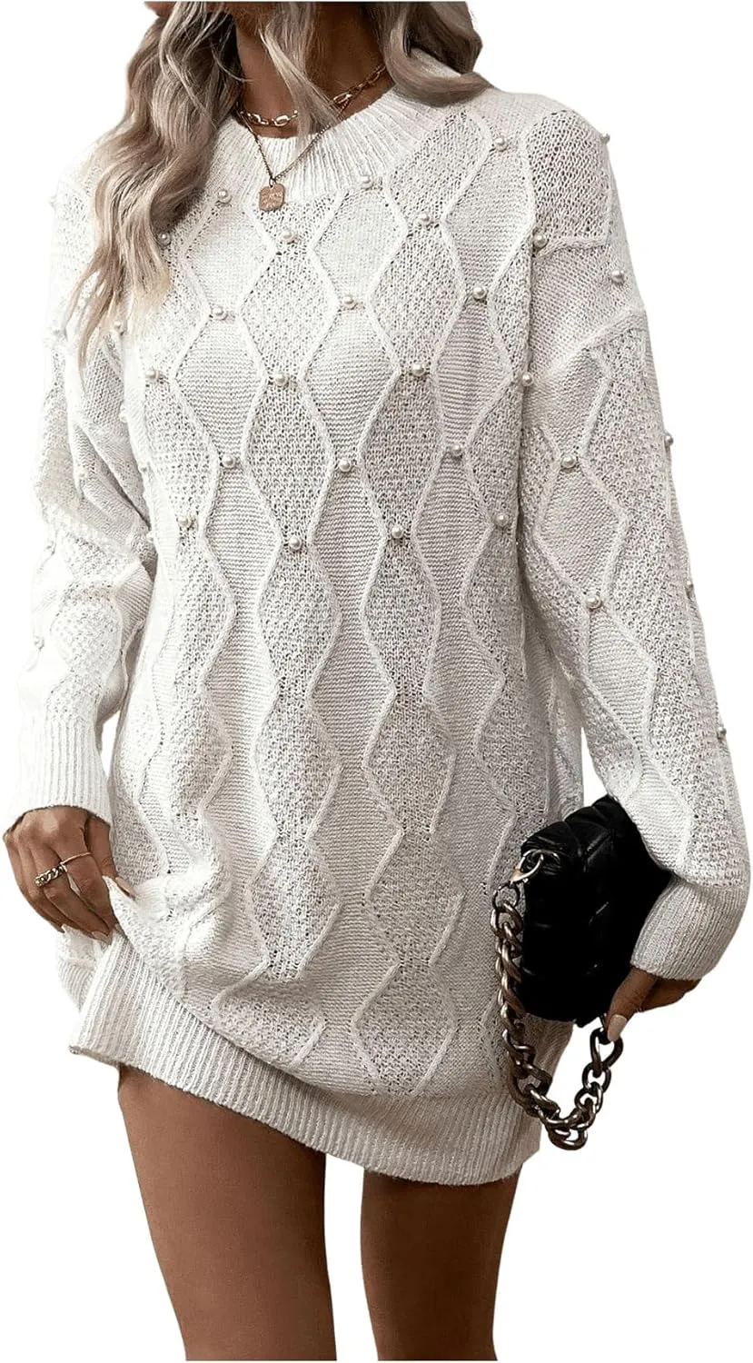 GORGLITTER Women's Pearl Chunky Sweater Dress Cable Knit Long Sleeve Fall Oversized Mini Dresses