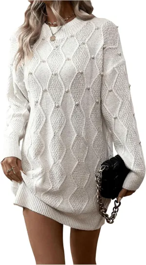 GORGLITTER Women's Pearl Chunky Sweater Dress Cable Knit Long Sleeve Fall Oversized Mini Dresses