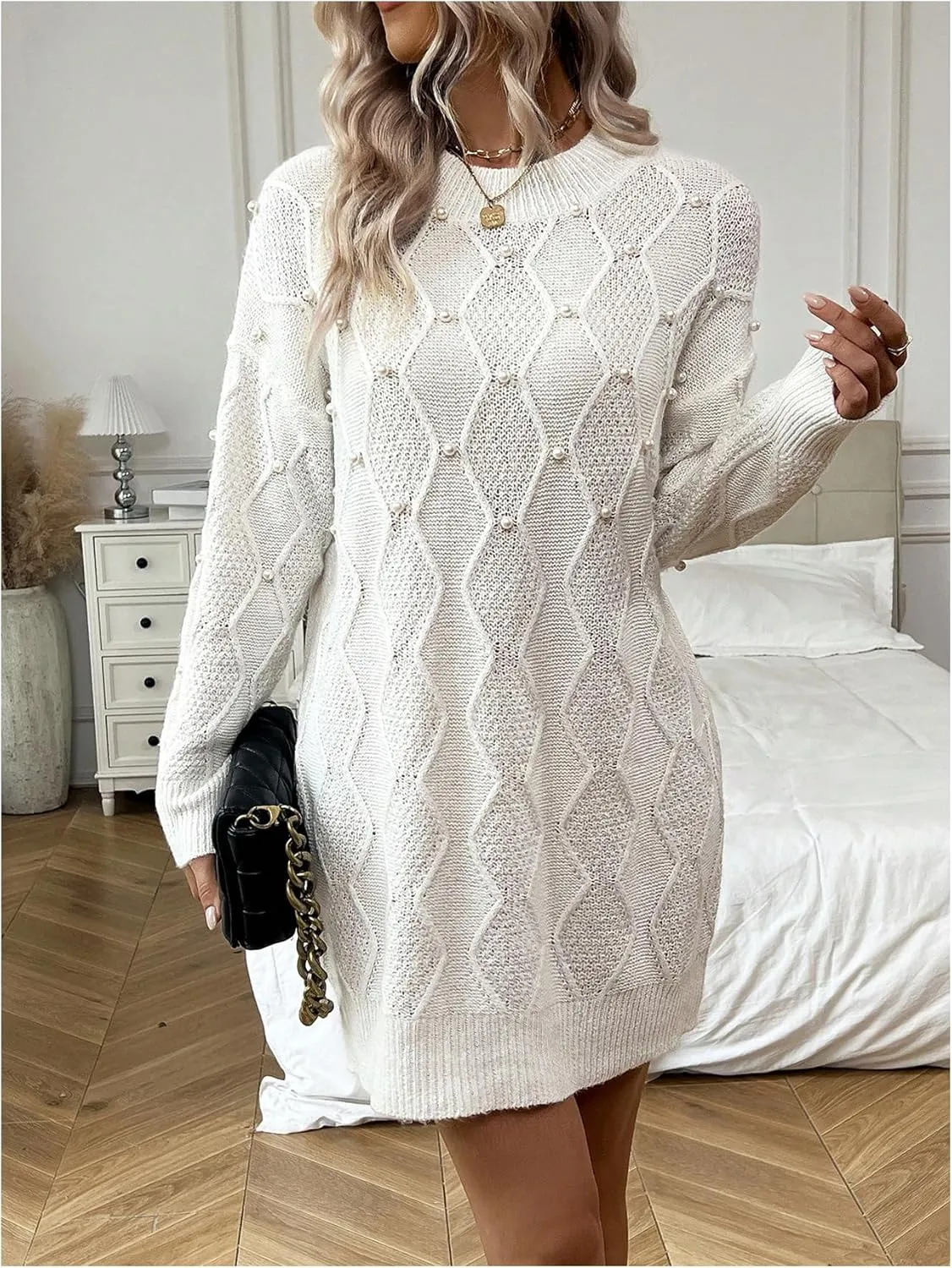 GORGLITTER Women's Pearl Chunky Sweater Dress Cable Knit Long Sleeve Fall Oversized Mini Dresses