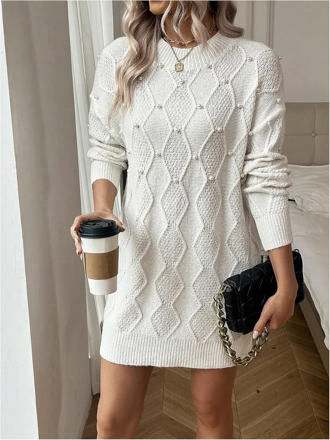GORGLITTER Women's Pearl Chunky Sweater Dress Cable Knit Long Sleeve Fall Oversized Mini Dresses