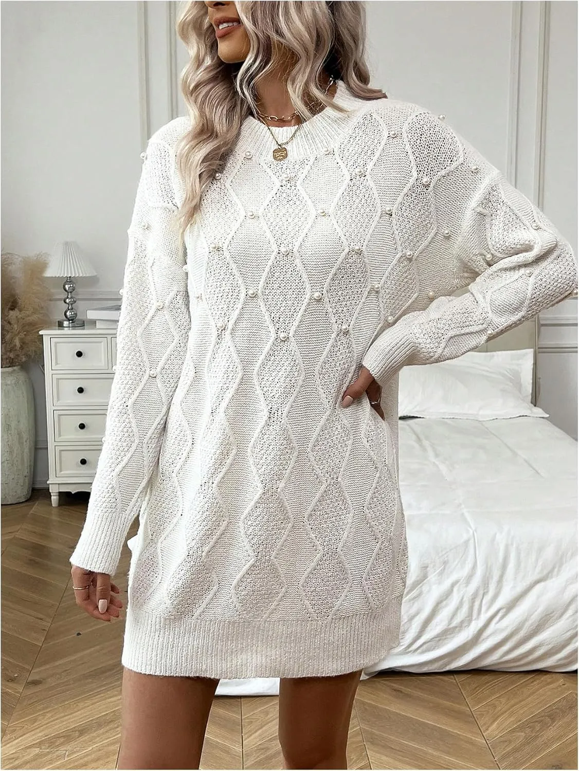 GORGLITTER Women's Pearl Chunky Sweater Dress Cable Knit Long Sleeve Fall Oversized Mini Dresses