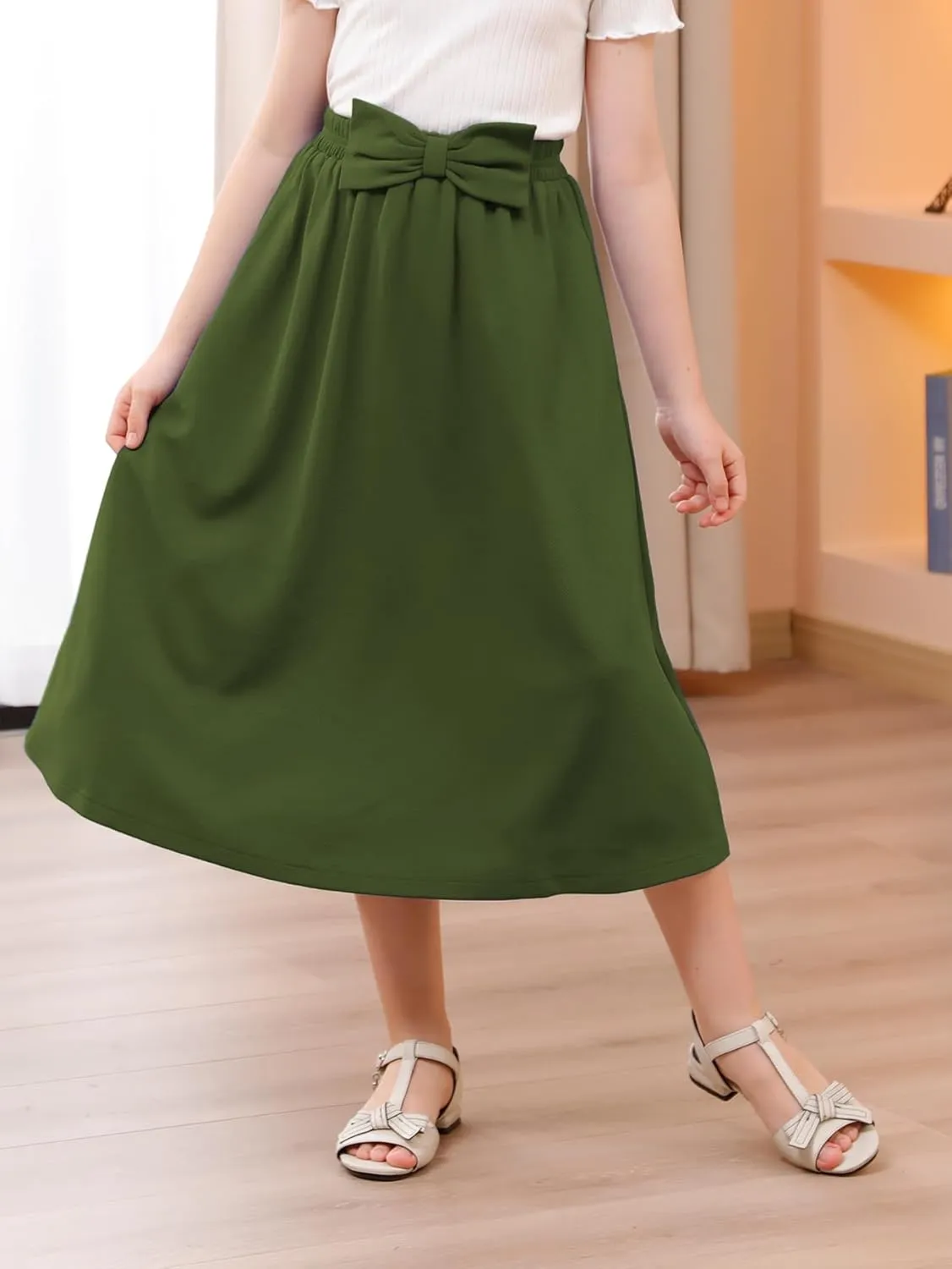 GORLYA Girls A-Line Bow Knot Elastic High Waist Swing Maxi Skirt with Pockets for 4-14T