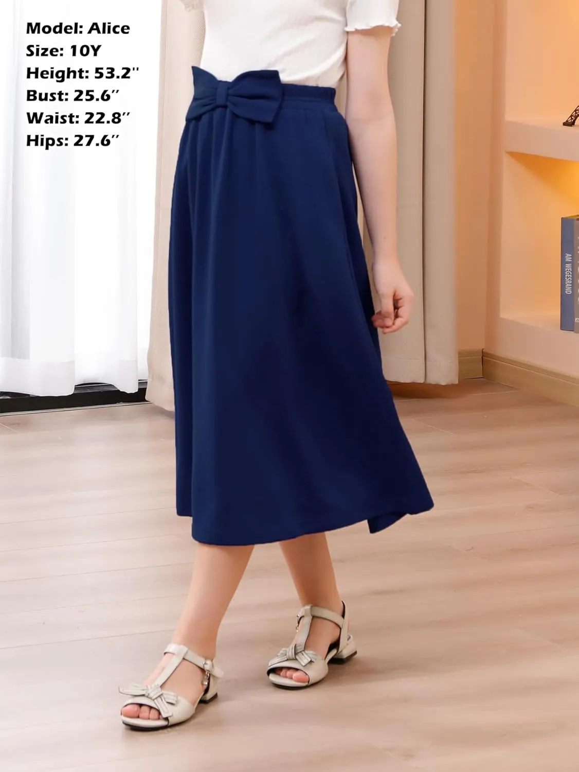 GORLYA Girls A-Line Bow Knot Elastic High Waist Swing Maxi Skirt with Pockets for 4-14T