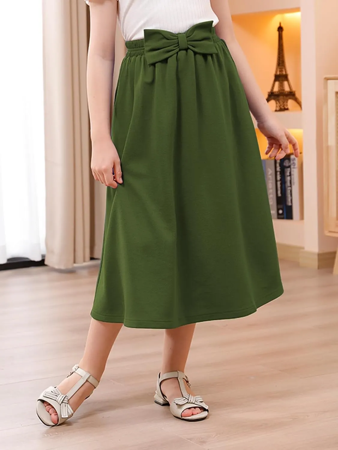 GORLYA Girls A-Line Bow Knot Elastic High Waist Swing Maxi Skirt with Pockets for 4-14T