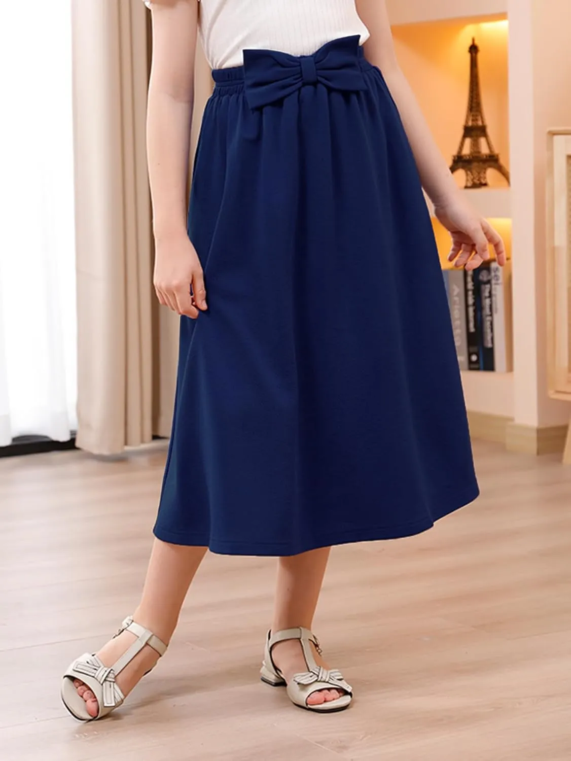 GORLYA Girls A-Line Bow Knot Elastic High Waist Swing Maxi Skirt with Pockets for 4-14T
