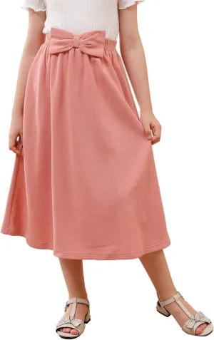 GORLYA Girls A-Line Bow Knot Elastic High Waist Swing Maxi Skirt with Pockets for 4-14T