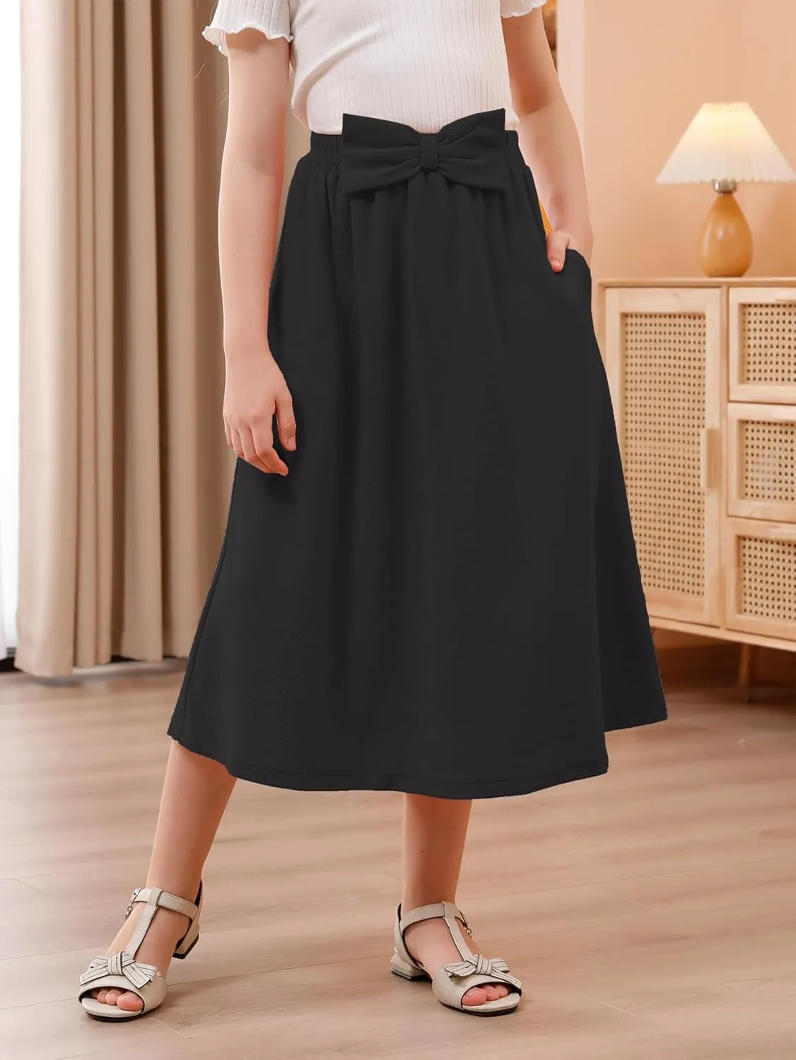 GORLYA Girls A-Line Bow Knot Elastic High Waist Swing Maxi Skirt with Pockets for 4-14T