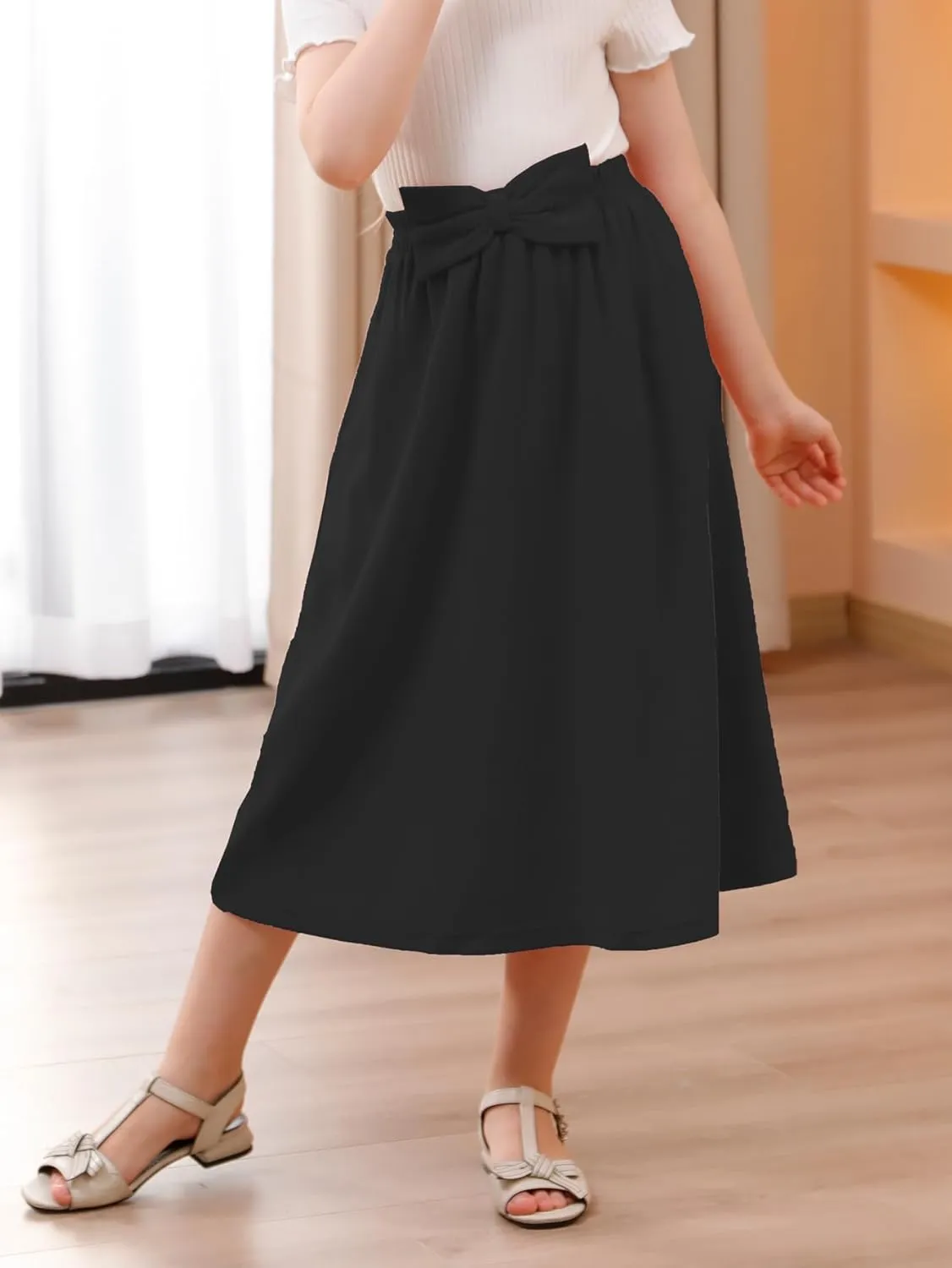 GORLYA Girls A-Line Bow Knot Elastic High Waist Swing Maxi Skirt with Pockets for 4-14T