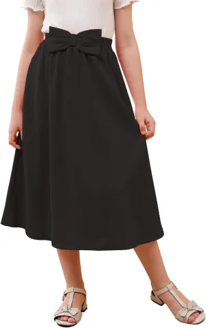 GORLYA Girls A-Line Bow Knot Elastic High Waist Swing Maxi Skirt with Pockets for 4-14T