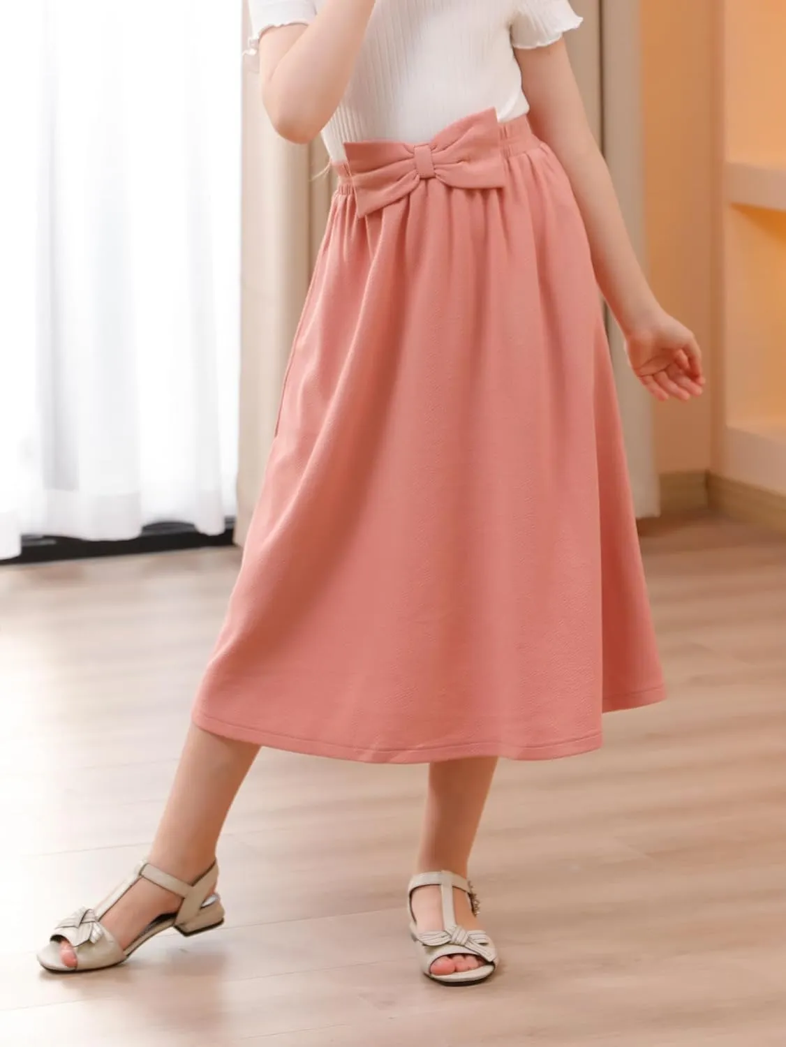 GORLYA Girls A-Line Bow Knot Elastic High Waist Swing Maxi Skirt with Pockets for 4-14T
