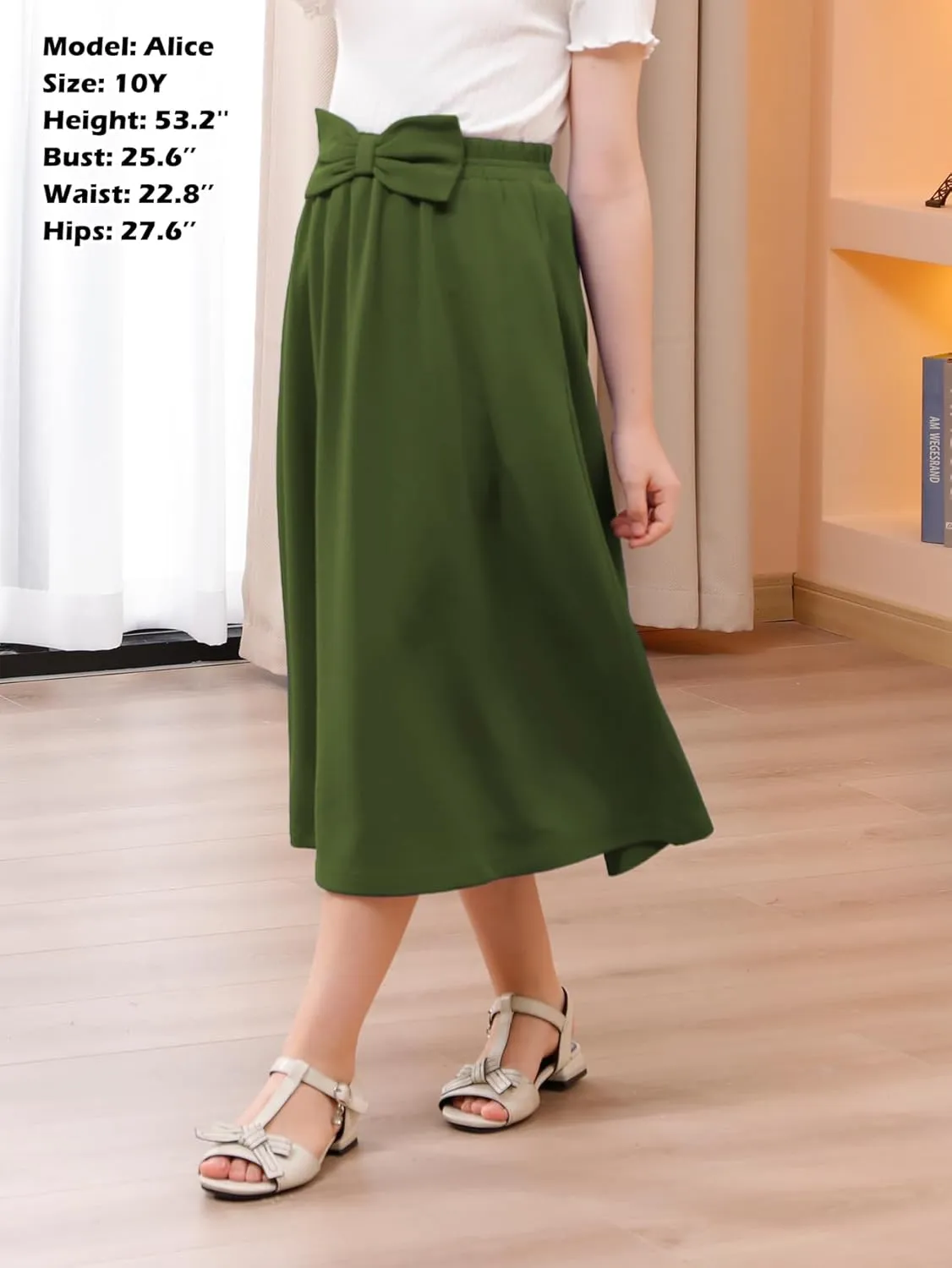 GORLYA Girls A-Line Bow Knot Elastic High Waist Swing Maxi Skirt with Pockets for 4-14T