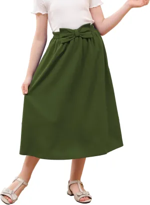 GORLYA Girls A-Line Bow Knot Elastic High Waist Swing Maxi Skirt with Pockets for 4-14T