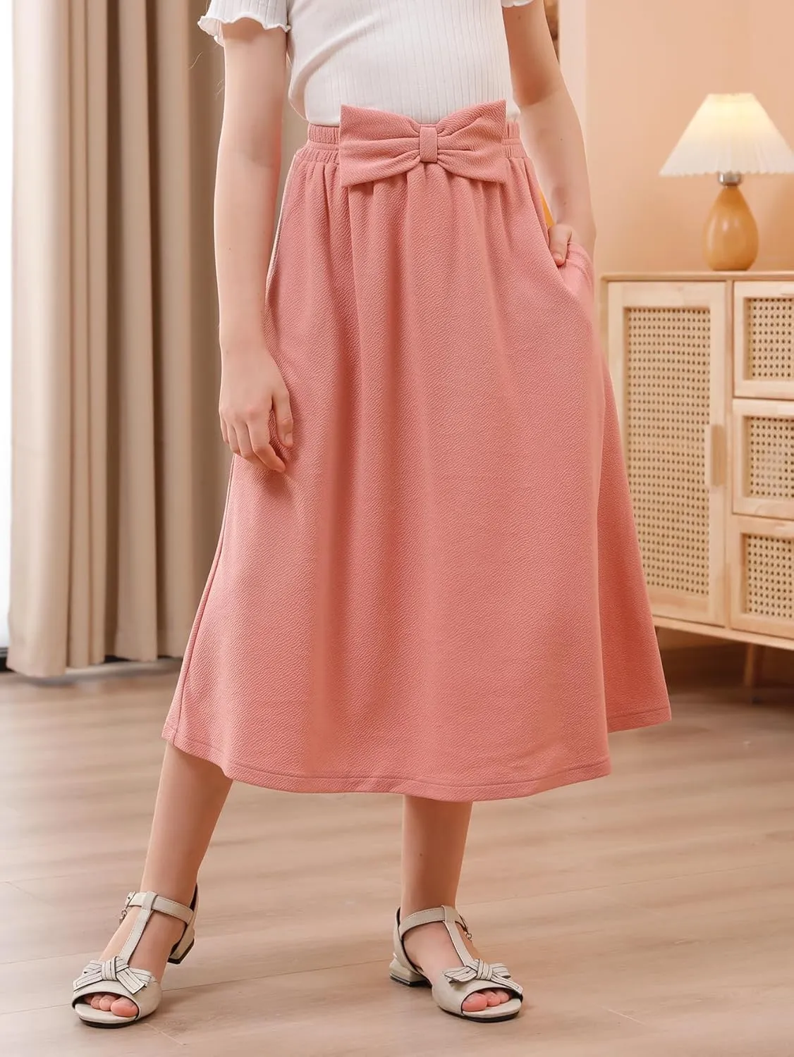GORLYA Girls A-Line Bow Knot Elastic High Waist Swing Maxi Skirt with Pockets for 4-14T