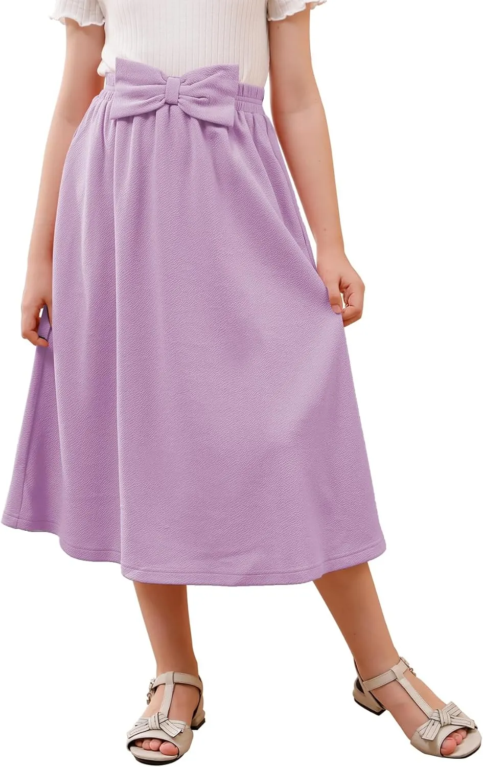 GORLYA Girls A-Line Bow Knot Elastic High Waist Swing Maxi Skirt with Pockets for 4-14T