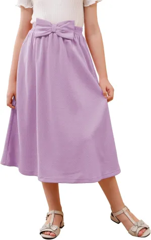 GORLYA Girls A-Line Bow Knot Elastic High Waist Swing Maxi Skirt with Pockets for 4-14T