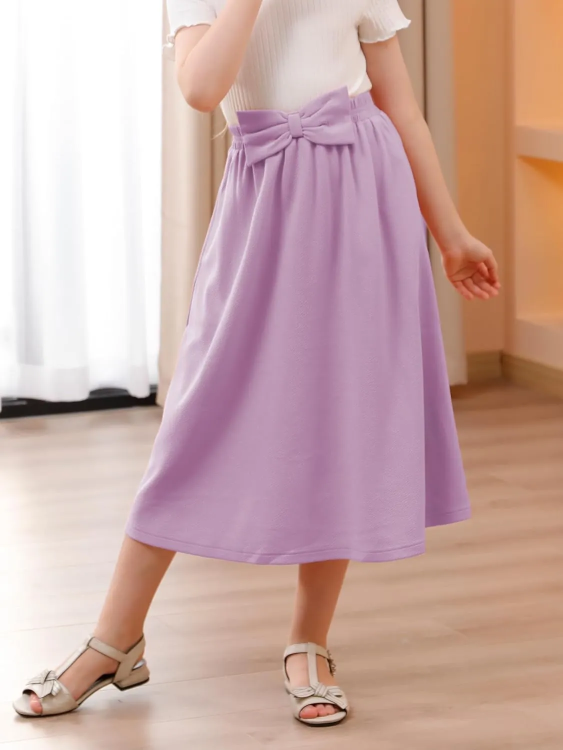 GORLYA Girls A-Line Bow Knot Elastic High Waist Swing Maxi Skirt with Pockets for 4-14T