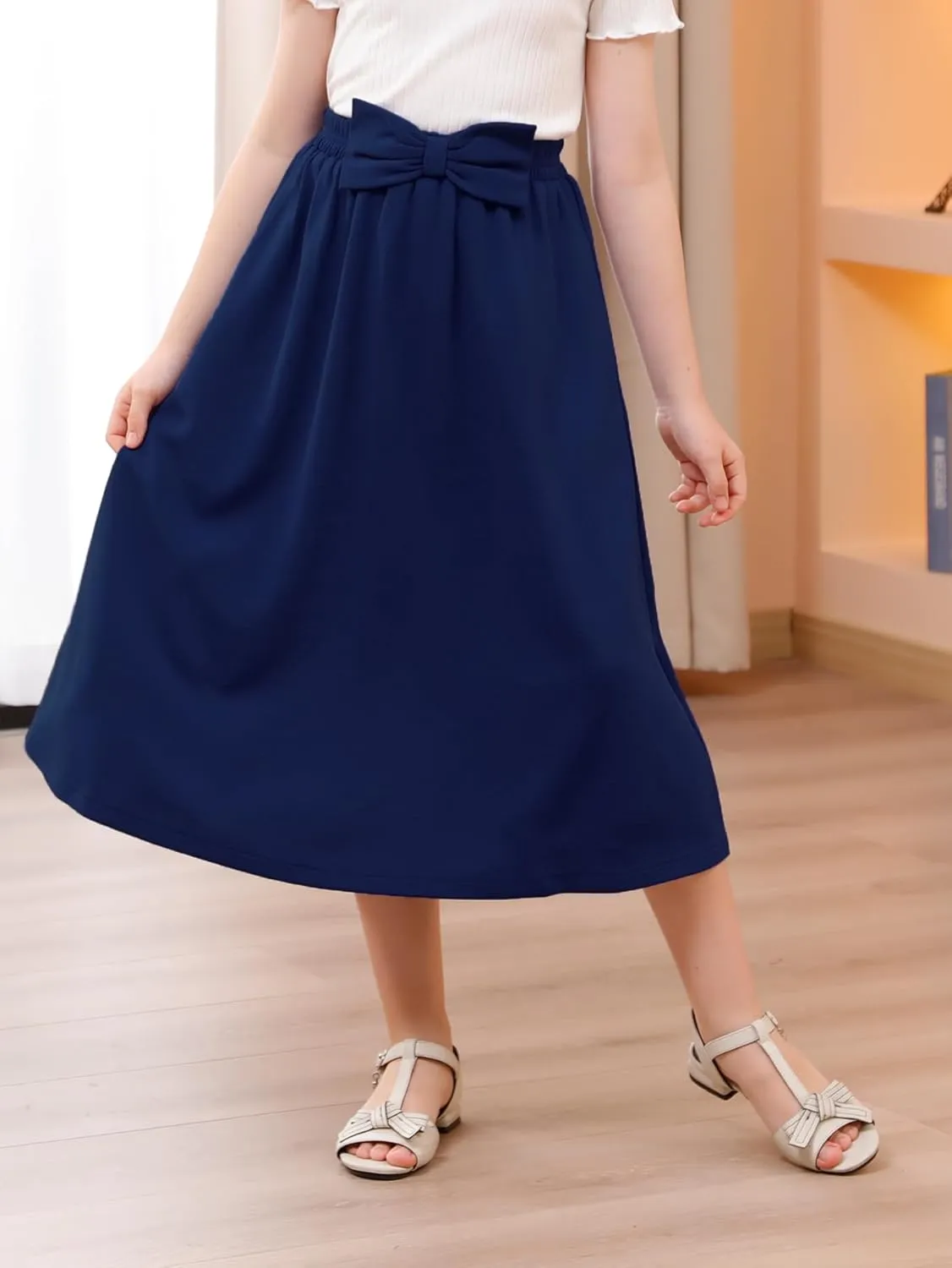 GORLYA Girls A-Line Bow Knot Elastic High Waist Swing Maxi Skirt with Pockets for 4-14T