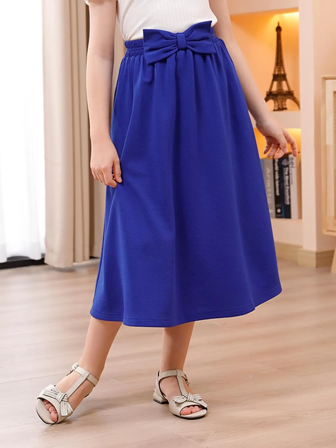 GORLYA Girls A-Line Bow Knot Elastic High Waist Swing Maxi Skirt with Pockets for 4-14T