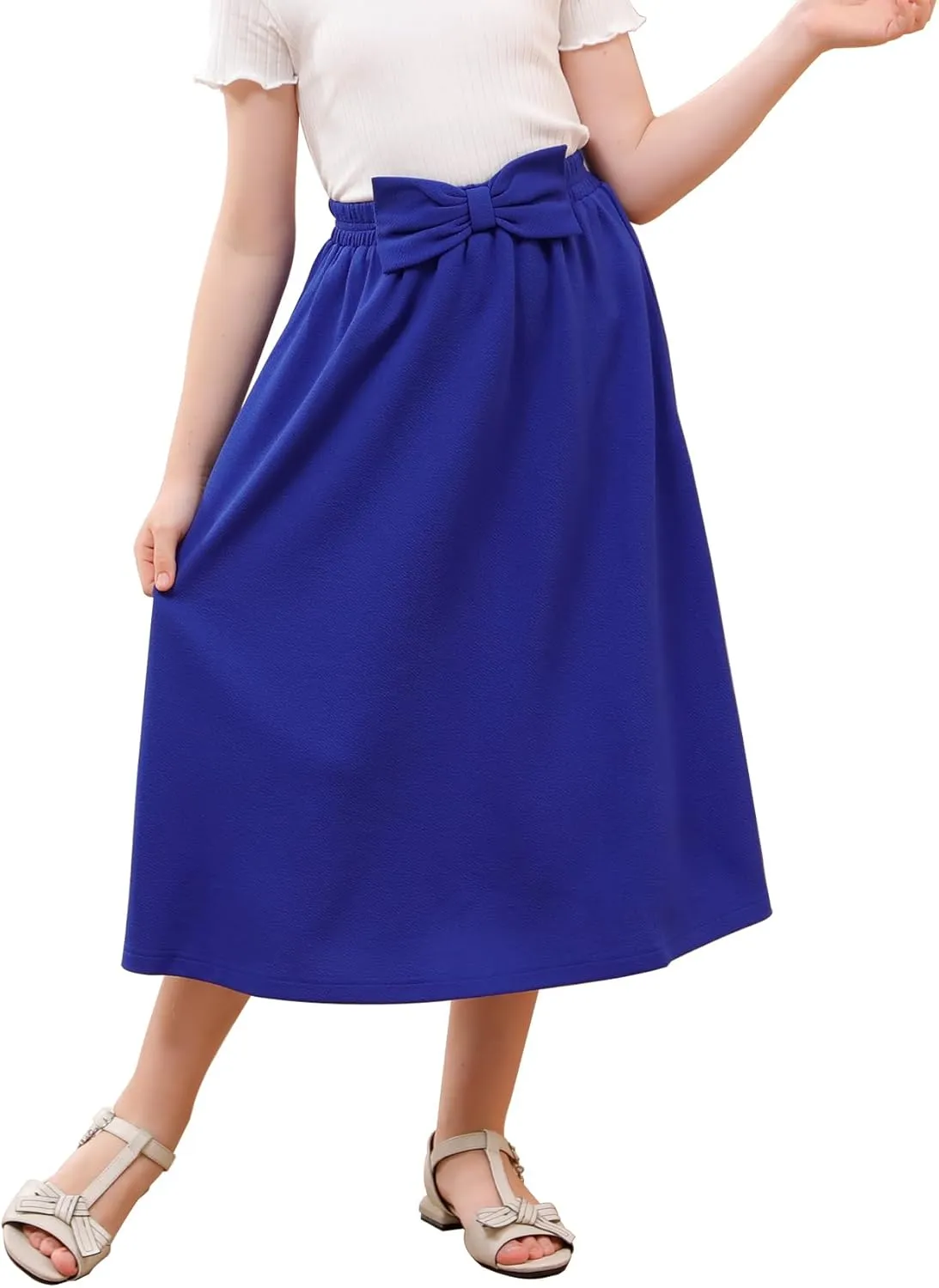 GORLYA Girls A-Line Bow Knot Elastic High Waist Swing Maxi Skirt with Pockets for 4-14T