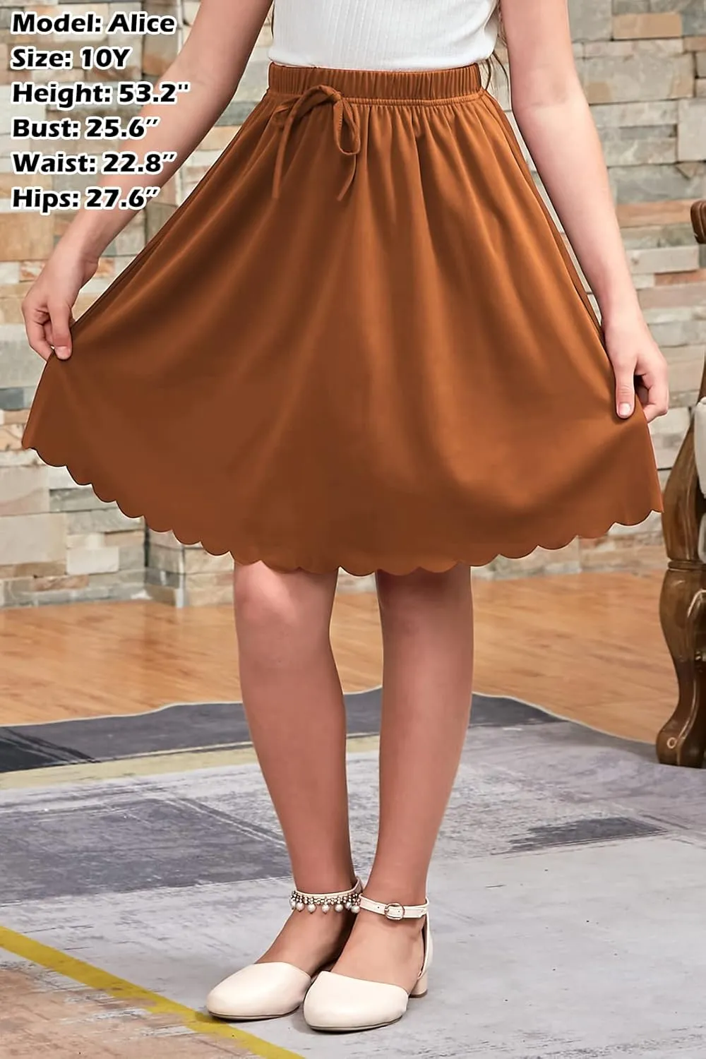 GORLYA Girls Casual Scallop Trim Hem Elastic Waist A-Line Swing Midi Skirt with Pockets for 4-14T