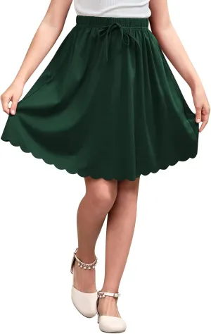 GORLYA Girls Casual Scallop Trim Hem Elastic Waist A-Line Swing Midi Skirt with Pockets for 4-14T