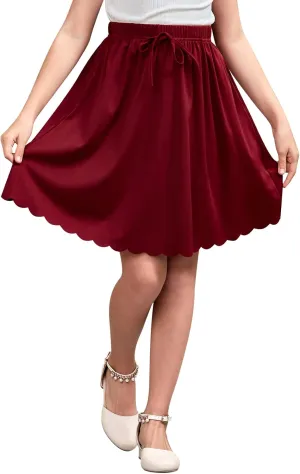 GORLYA Girls Casual Scallop Trim Hem Elastic Waist A-Line Swing Midi Skirt with Pockets for 4-14T