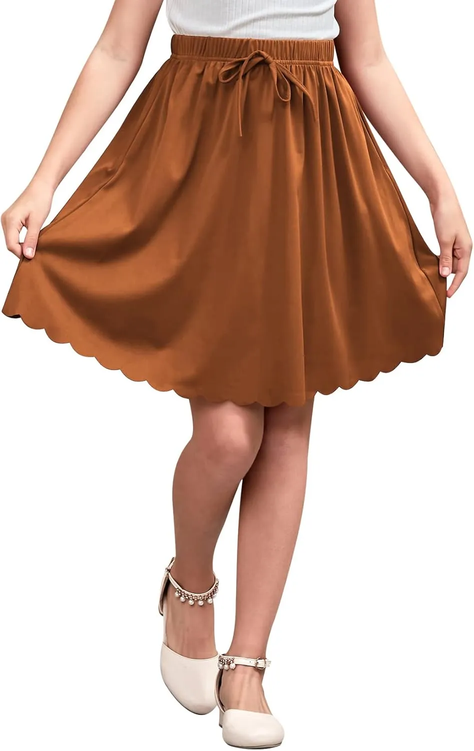GORLYA Girls Casual Scallop Trim Hem Elastic Waist A-Line Swing Midi Skirt with Pockets for 4-14T