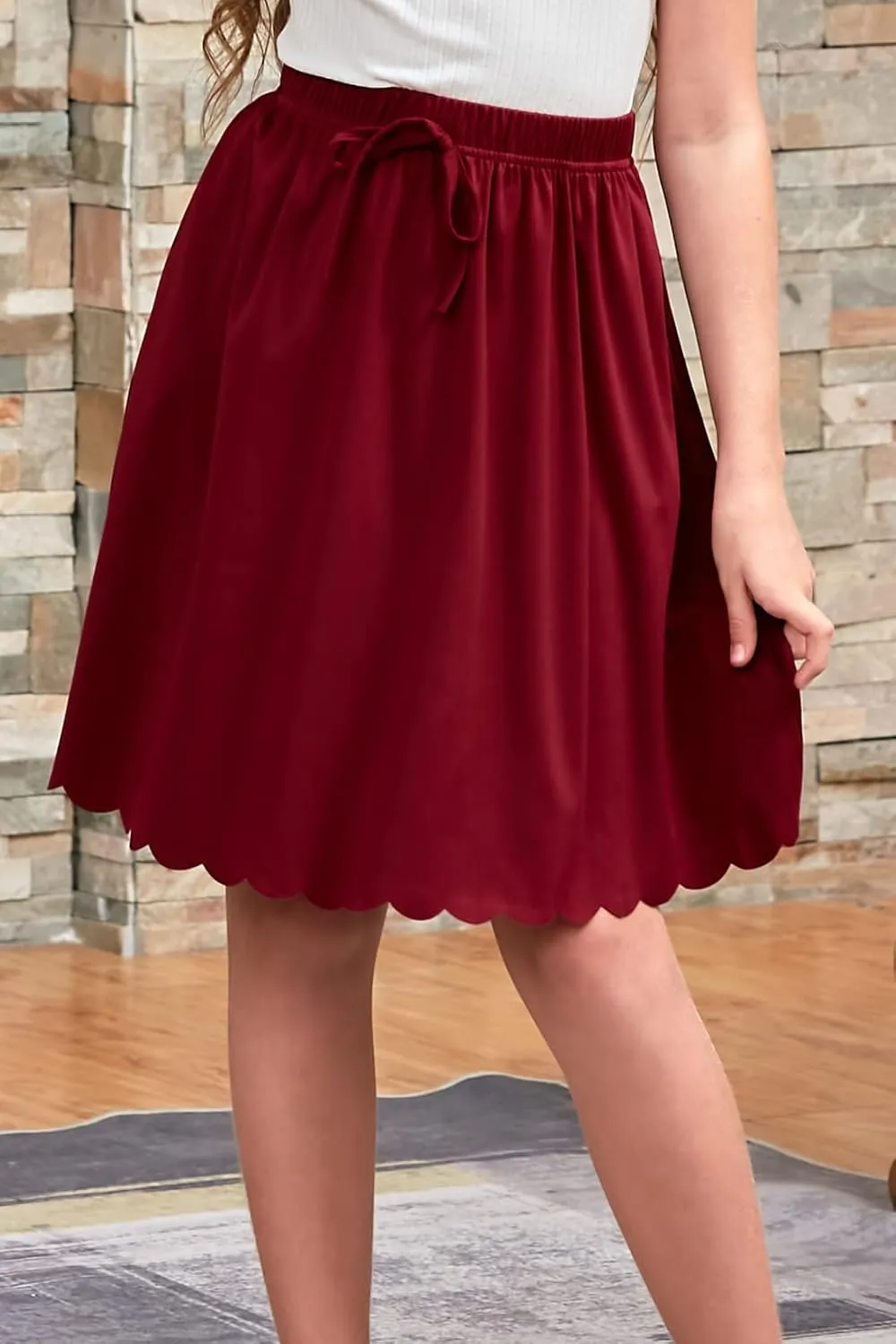 GORLYA Girls Casual Scallop Trim Hem Elastic Waist A-Line Swing Midi Skirt with Pockets for 4-14T
