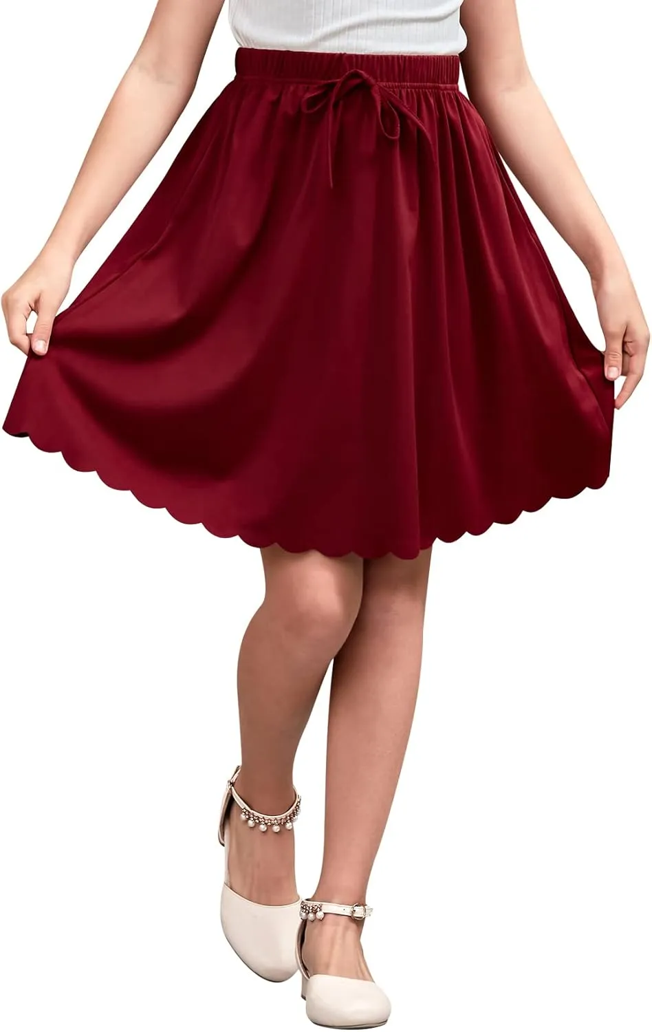 GORLYA Girls Casual Scallop Trim Hem Elastic Waist A-Line Swing Midi Skirt with Pockets for 4-14T