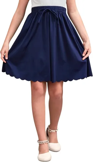GORLYA Girls Casual Scallop Trim Hem Elastic Waist A-Line Swing Midi Skirt with Pockets for 4-14T