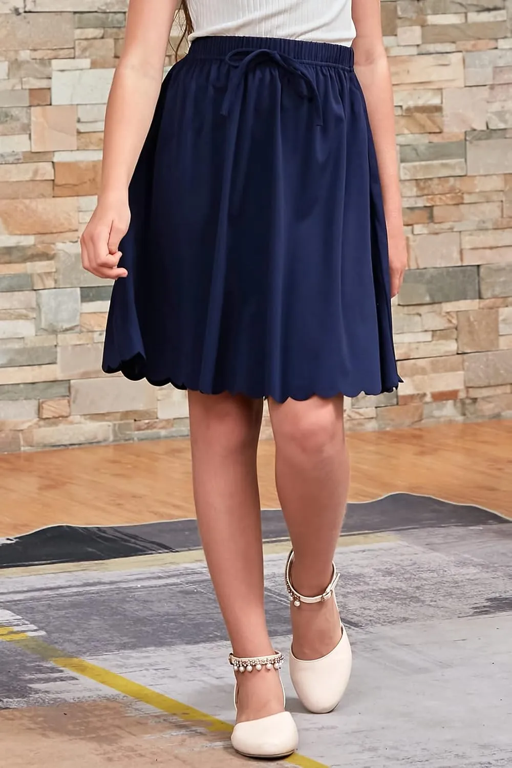GORLYA Girls Casual Scallop Trim Hem Elastic Waist A-Line Swing Midi Skirt with Pockets for 4-14T