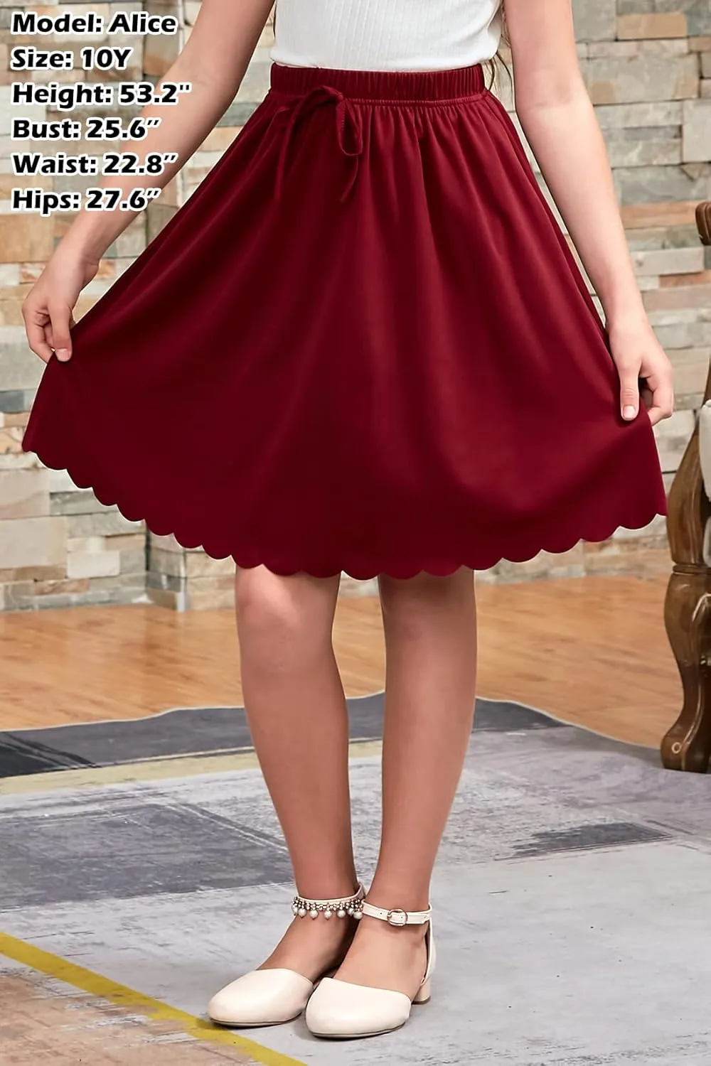 GORLYA Girls Casual Scallop Trim Hem Elastic Waist A-Line Swing Midi Skirt with Pockets for 4-14T