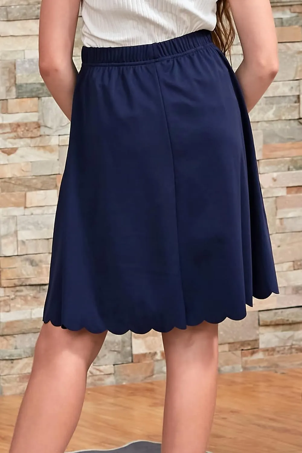 GORLYA Girls Casual Scallop Trim Hem Elastic Waist A-Line Swing Midi Skirt with Pockets for 4-14T