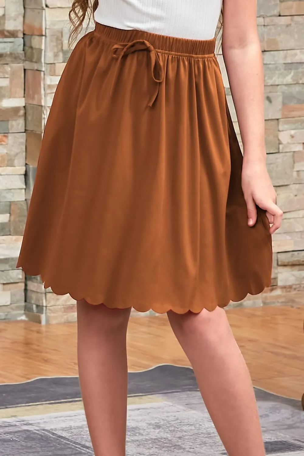 GORLYA Girls Casual Scallop Trim Hem Elastic Waist A-Line Swing Midi Skirt with Pockets for 4-14T